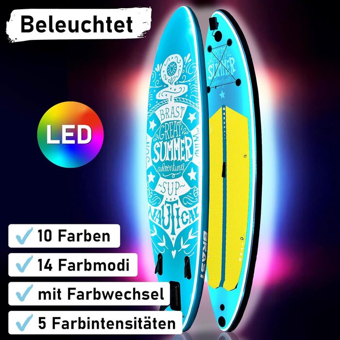 Надувний SUP Board BRAST з LED-підсвічуванням | Комплект для станд-ап паддлінгу | 320x81x15 см | 4 дизайни | LED-підсвічування 10 кольорів | 5 років гарантії | 2в1: весло + сидіння для каяка | Тримач для Action-Cam | Петля для ноги (Summer Petrol)