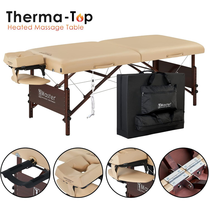 Складна масажна кушетка Master Massage Del Ray Pro 71 см з інтегрованим підігрівом ThermaTop, бежевий, портативний стіл для масажу і терапії