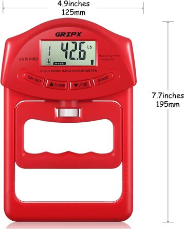 Цифровий динамометр GRIPX для вимірювання сили хвата. Електронний, автоматичне вимірювання, 90 кг / 198 lbs (червоний)