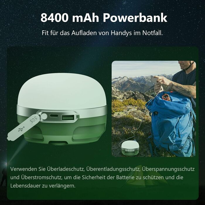 LED кемпінговий ліхтар на акумуляторі 8400mAh, RGB, 5 режимів, регулювання яскравості, вологостійкий, з магнітом, для туризму, надзвичайних ситуацій