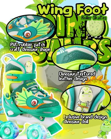 Ролики дитячі Kinder Dinosaurier з підсвічуванням, розмір регулюється, зелені