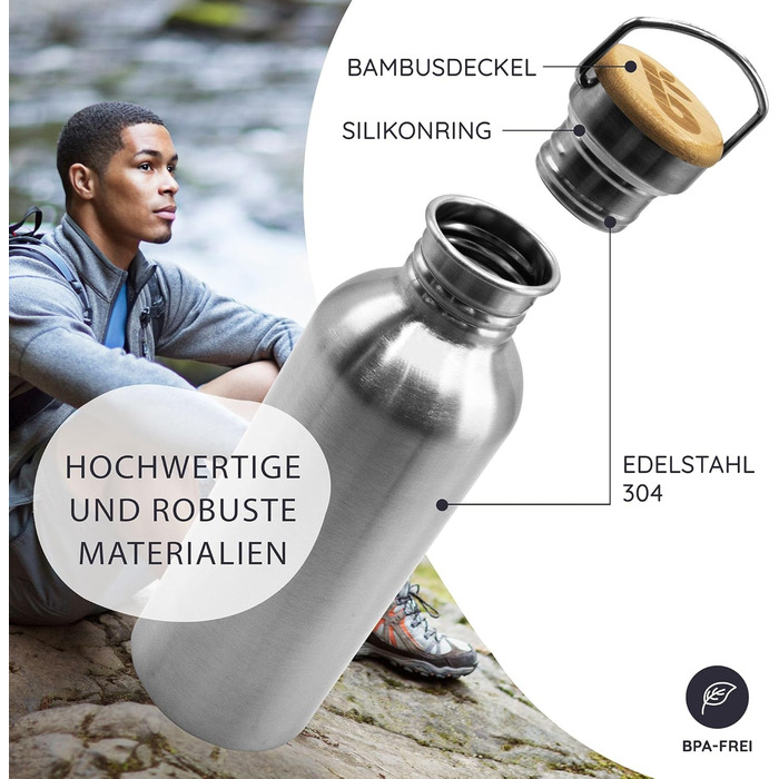 Водафлянка Bambaw з нержавіючої сталі, 1 л | Багаторазова еко-пляшка | Для кемпінгу та походів | Без пластику | Спортивна пляшка, 1000 мл, срібна