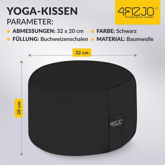 Подушка для медитації 4FIZJO кругла, чорна, з гречаним лушпинням 32x20 см, бавовняний знімний чохол - для йоги та сидіння