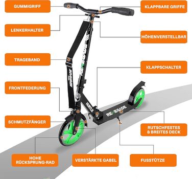Самокат Hurtle Renegade для дітей, підлітків і дорослих, 2-колісний складаний, регульована T-подібна ручка, антиковзна дека з легкого сплаву