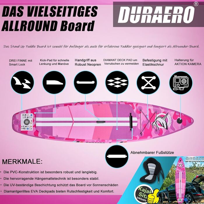 Надувний SUP Борд Stand Up Paddle Board Set, 330x76x15см, з кріслом для каяка, тримачем для камери, інтегрованим кік-педом, регульованим веслом, 3 фінами, повним аксесуаром, до 150кг, рожевий