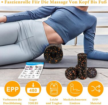 Набір для міофасціального релаксу: Foam Roller, м'ячик для фасцій, міні-ролик, дуобол для йоги та масажу (Синьо-чорно-помаранчевий)