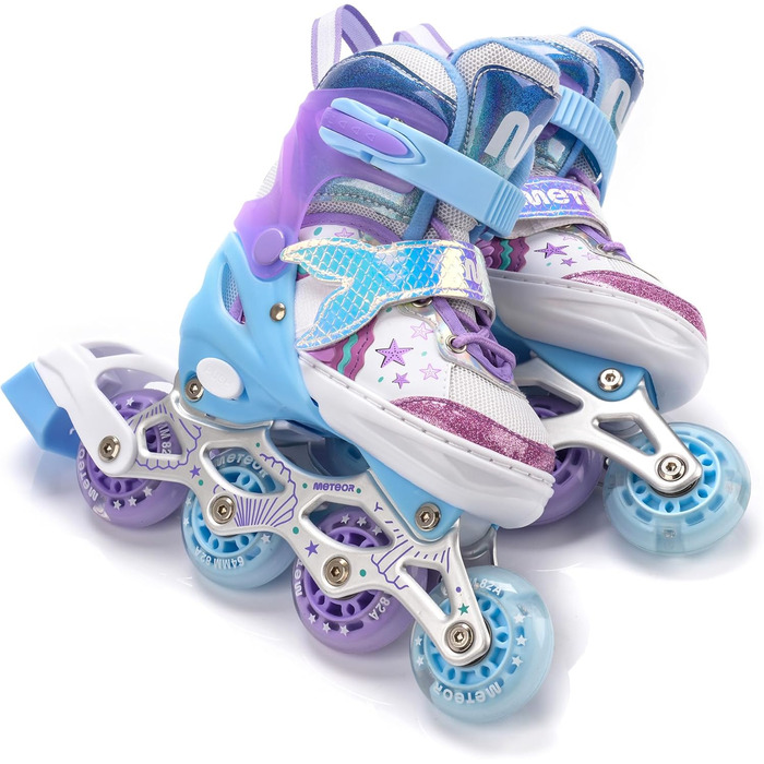 Дитячі ролики-інлайнери LED з регулюванням, фіолетовий, русалка. Зручні ролики для перших спроб катання, з підсвічуванням та змінним розміром.