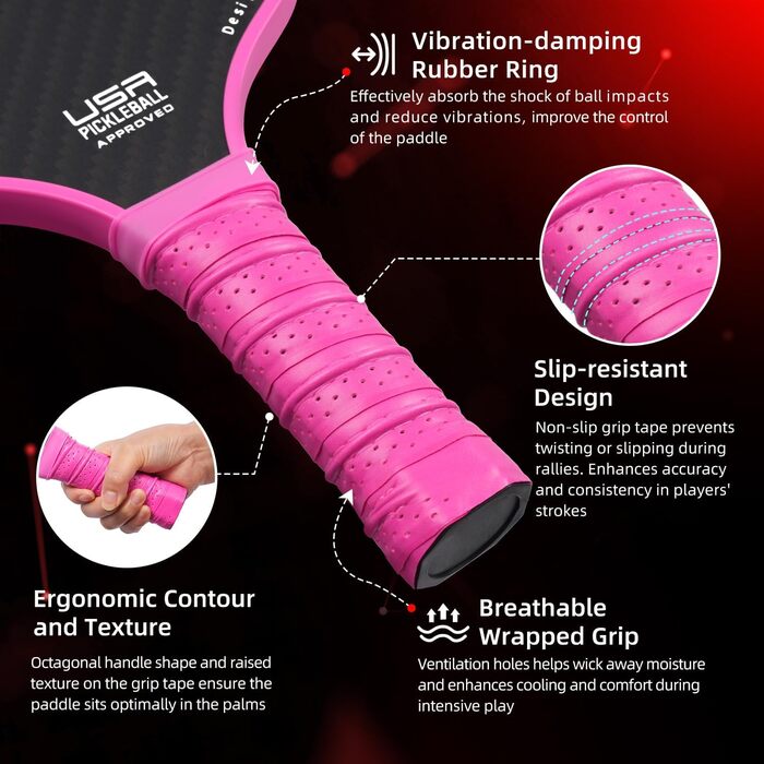 Набір ракет для піклболу BAGAIL (4 шт.) з м'ячами, легкі, з високою амортизацією, ергономічні, для гри в приміщенні та на вулиці (Рожевий)