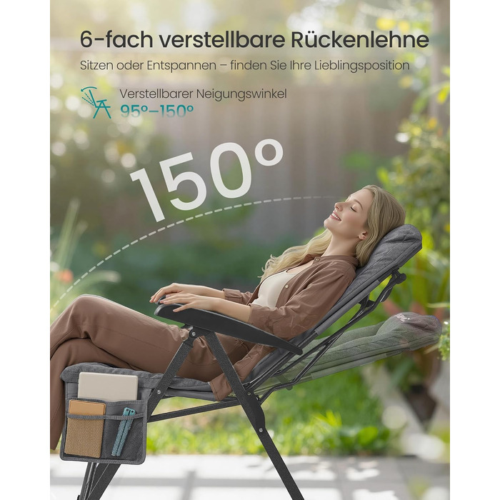 Складаний туристичний стілець SONGMICS для відпочинку та риболовлі, сірий, з регульованою спинкою та кишенями