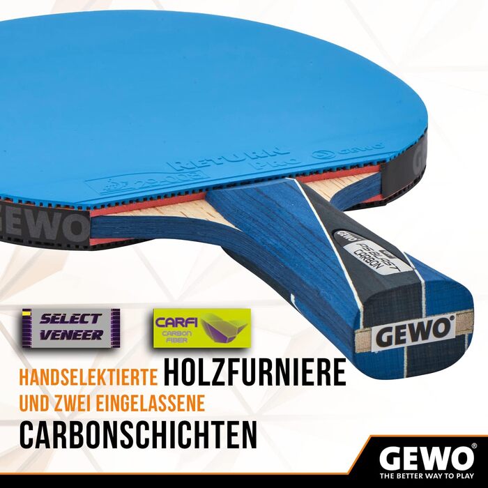 GEWO PS Blast Carbon – професійна ракетка для настільного тенісу з вуглецю, ITTF, швидке покриття GEWO Return Pro, висока обертальність, 1,8 мм, анатомічна ручка
