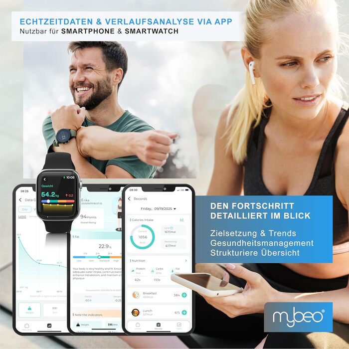 MyBEO Цифрова Bluetooth вага для аналізу складу тіла з додатком – вага для вимірювання ваги, BMI, жиру, м'язів – до 180 кг – LCD-дисплей – скляна поверхня 6 мм – біла