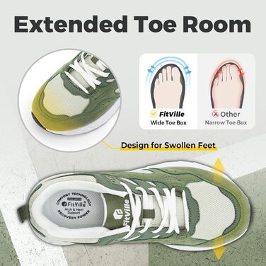 Жіночі кросівки FitVille для широкої стопи: бігові, для ходьби, фітнесу, спортивні. Зелені, розмір 42.5 EU (X-широкі)