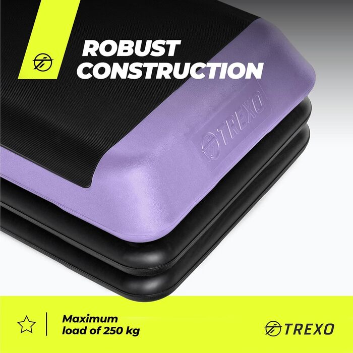 Аеробний степ-платформа TREXO для фітнесу, кардіо та домашніх тренувань, регульована висота 10/15/20 см, навантаження до 250 кг, 109x41 см, рожевий/оранжевий/сірий/зелений/фіолетовий