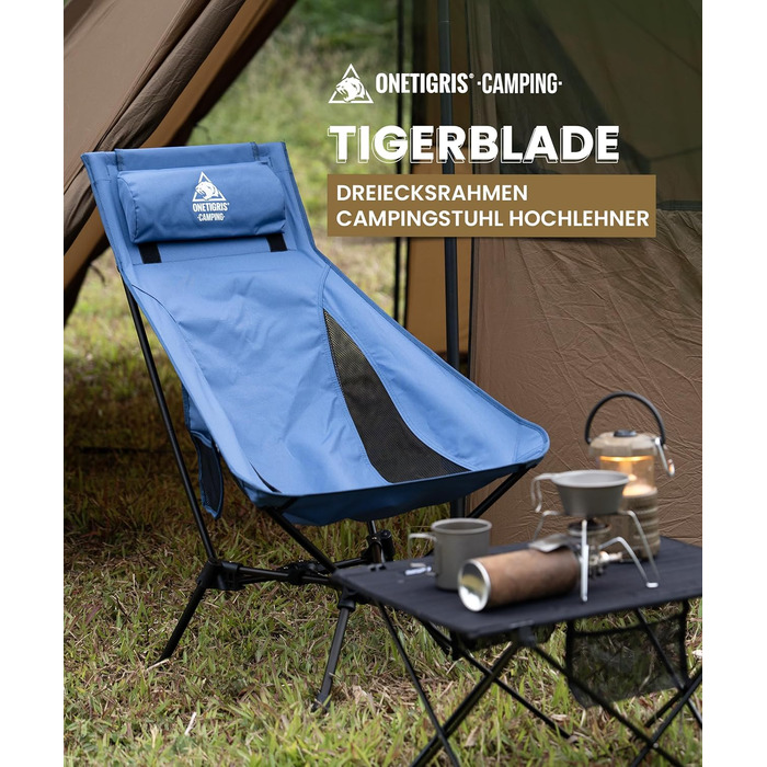 OneTigris TIGERBLADE - Крісло для кемпінгу з високою спинкою, 170 кг, складне, легке, з трикутним каркасом, для риболовлі, з 2 кишенями, для відпочинку на природі, для піших прогулянок (Блакитне)