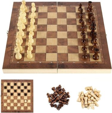 Шаховий набір 3-в-1 – складаний дерев'яний шаховий комплект для подорожей (29*29 см)
