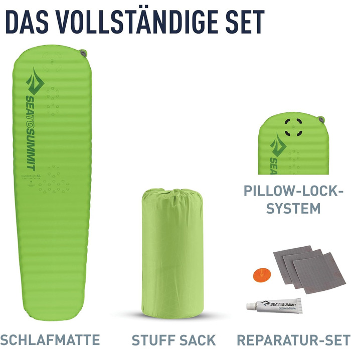 Каремат Sea to Summit Comfort Light Self Inflating Regular Green - самонадувний килимок для туризму, піших прогулянок, 2.5 сезони, з технологією Delta Core та системою Packsack & Pillow Lock