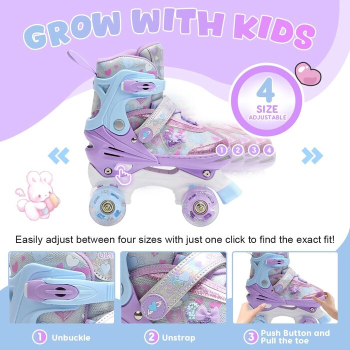 Дитячі ролики для дівчаток з блискучими сердечками та світлодіодними колесами, 4-разове регулювання, ролики для дітей-початківців, ідеальний подарунок на день народження або Різдво, фіолетовий колір
