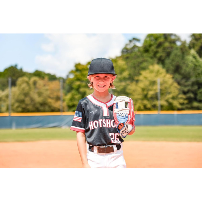 Бейсбольна рукавиця Mizuno Prospect PowerClose для юнаків (правий рука, синьо-червона, глибока сітка 3)