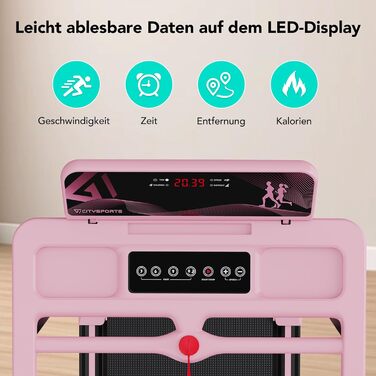 CITYSPORTS Електричний біговий тренажер, складаний, до 12 км/год, LED-дисплей, APP, тримач для планшета 360°, рожевий
