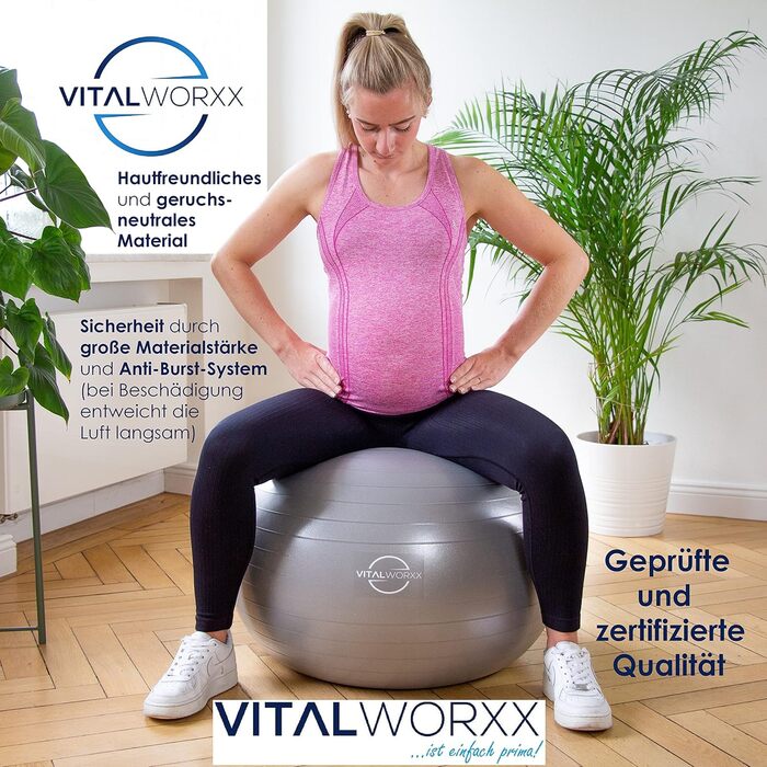 Гімнастичний м'яч VITALWORXX 65 см для вагітних, стабільний фітбол з насосом, вправи для вагітності та пологів, сірий