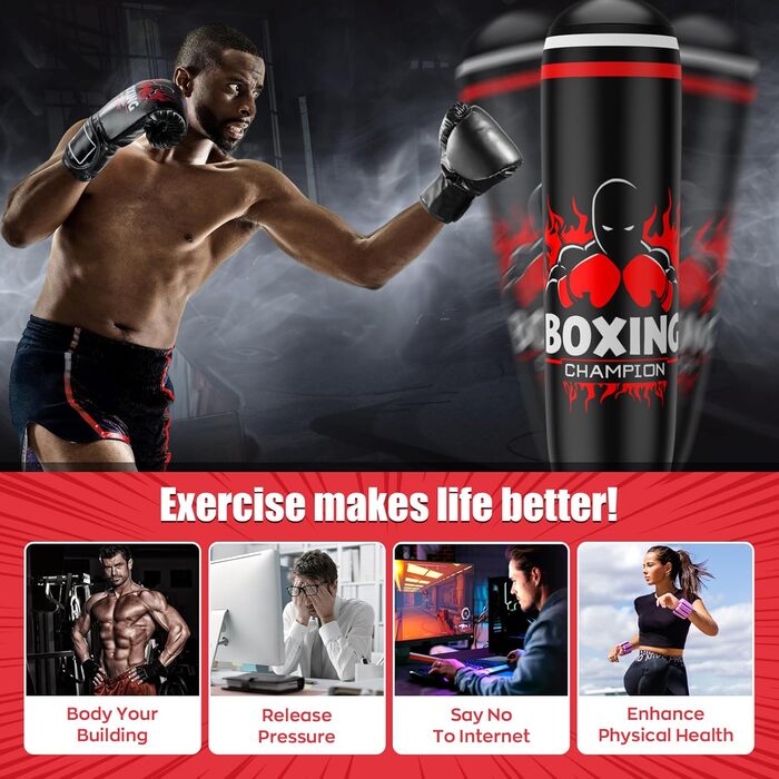 Боксерський мішок IMAYCC стоячий для дорослих та дітей з боксерськими рукавичками, посилений, 180 см, високоякісний PVC, для Муай Тай, Таеквондо, MMA, бокс, тренування, фітнес, червоно-чорний