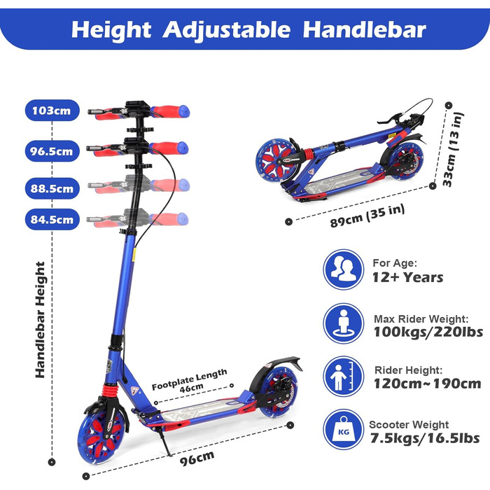 Самокат трюковий Kickscooter LED-синій, для дітей 8-12 років та дорослих, колеса 200 мм, дискові гальма, складаний, з ременем та подвійною амортизацією