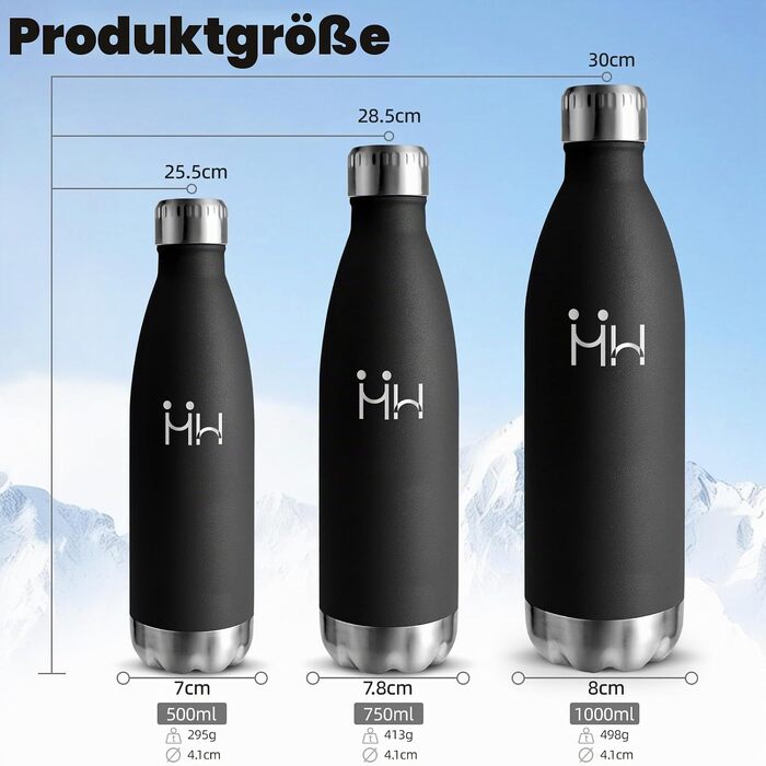 Термофляга HoneyHolly з нержавіючої сталі 1 л, герметична спортивна пляшка для води та газованих напоїв, BPA-free, для фітнесу, залу та велосипеда, чорна