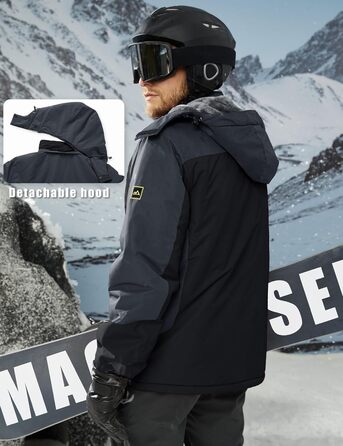 MAGCOMSEN Куртка зимова чоловіча тепла з підкладкою, водонепроникна, для катання на сноуборді та лижах, туристична, робоча знімною капюшоном (Чорно-сірий, XL)