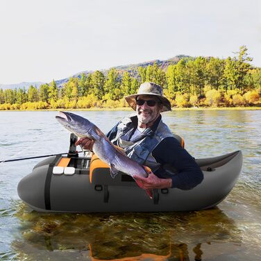 Надувне човен FANTASK для риболовлі з насосом, веслами та ременями, bellyboat, 150 кг, сірий