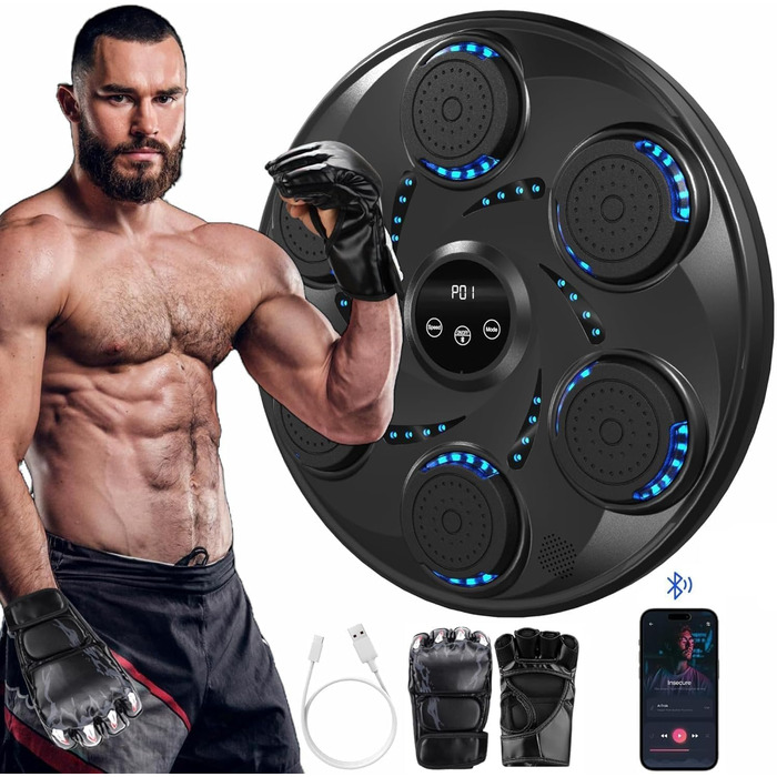 Електронний боксерський тренажер LeuKoles 2025 з Bluetooth, LED підсвічуванням, музикою та рукавичками, настінний, 9 швидкісних режимів, лічильник ударів