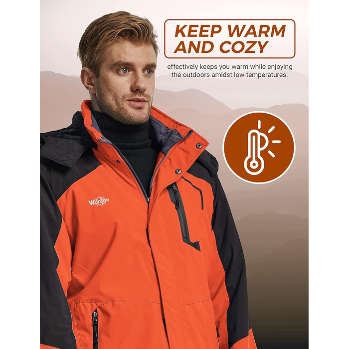 Чоловіча гірськолижна куртка Wantdo - тепла флісова, водонепроникна, дихаюча, з капюшоном, вітрозахисна, для активного відпочинку (Помаранчевий, M)