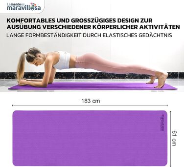 Килимок для гімнастики та йоги LA MENTE ES MARAVILLOSA: протиковзкий, TPE, 183x61 см, з сумкою та інструкцією, для фітнесу, пілатесу, indoor/outdoor, фіолетовий/рожевий
