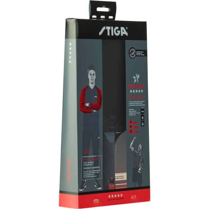 Тенісний ракетка STIGA Prestige 5-Star – професійна пінг-понгова ракетка з ITTF-сертифікованим покриттям, губкою 2.0 мм та технологією WRB – зручна ручка
