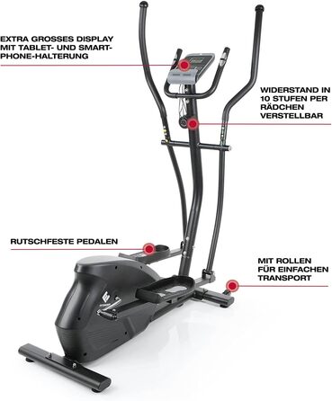 FitEngine Crosstrainer з 10 рівнями навантаження, великим дисплеєм та тримачем для планшета/смартфона, датчиками пульсу та неслизькими педалями (до 150 кг)