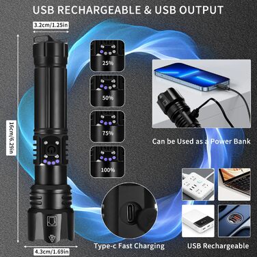 Ліхтар LED Azyvum P70-kit: надпотужний, 1000000 люмен, тактичний, водонепроникний IP67, 5 режимів, для кемпінгу, риболовлі, туризму та надзвичайних ситуацій