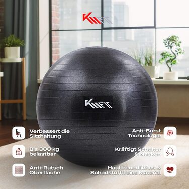 Фітнес-м'яч KM-Fit 75 см з насосом | М'яч для тренувань, йоги, офісу, фітнесу та корекції постави | Чорний, BPA-Free