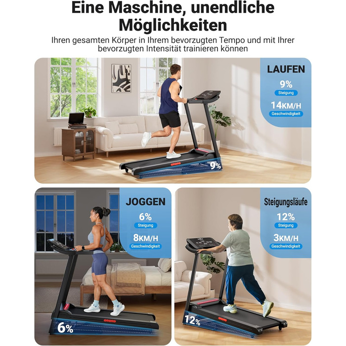 Біговий тренажер THERUN для дому та офісу, 14 км/год, 3.0 PS, нахил, датчики пульсу, складний, 136 кг, LED-підсвітка