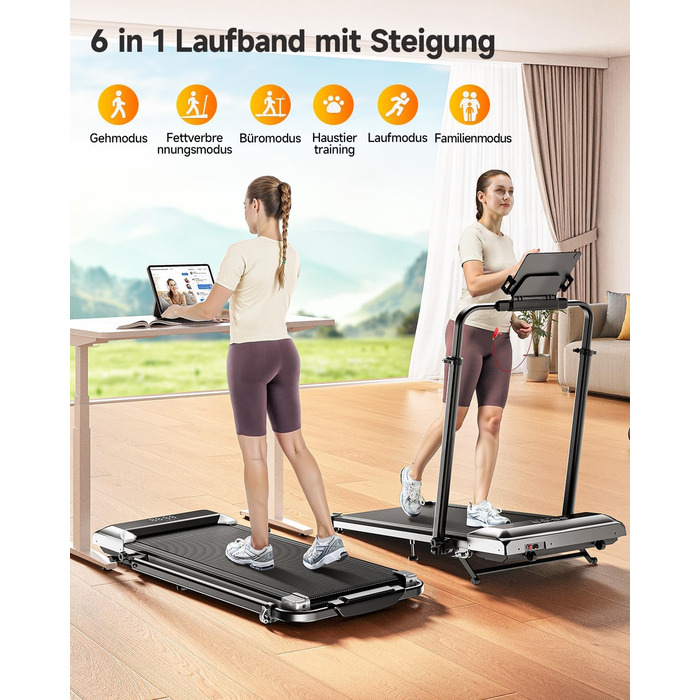 Біговий тренажер для дому з нахилом, 2 в 1, складний, 12 км/год, 2.5HP, під стіл, з пультом та додатком, чорний, нахил 12%
