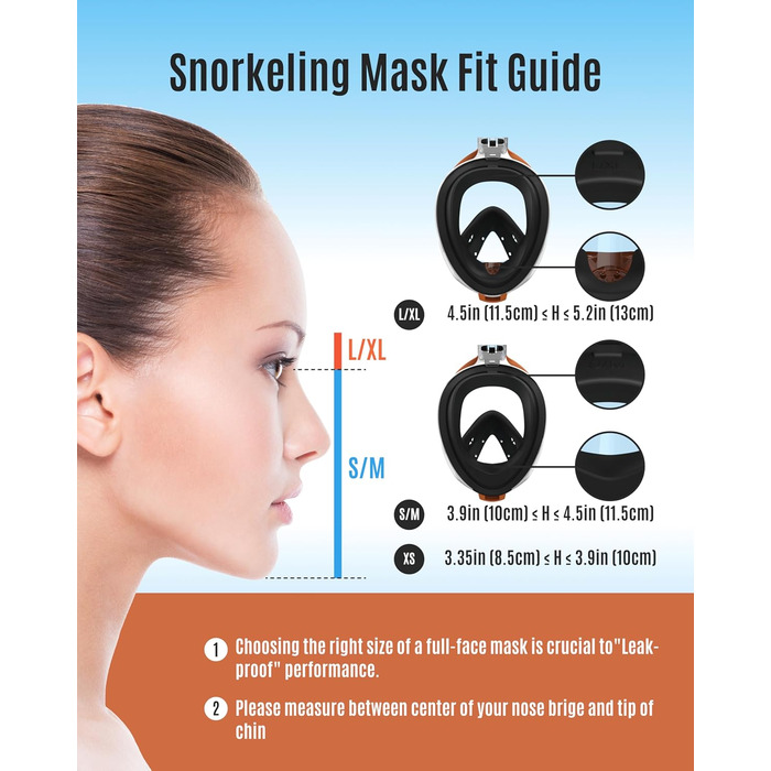 Маска для снорклінгу G2RISE Full Face XL (Чорно-помаранчевий) з тримачем для камери, безпечна від CO2
