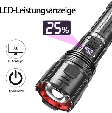 Тактичний ліхтарик DapoHomeu LED, 500000 люмен, перезаряджається, тактичний, з функцією зуму, водонепроникний, 5 режимів освітлення для кемпінгу, туризму та надзвичайних ситуацій