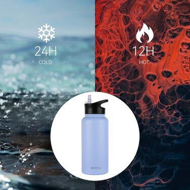 Термос-бутилка MURBONE з нержавіючої сталі 1.2 л, 2 кришки, трубочка, BPA Free, герметична, для газованої води, вакуумна ізоляція, набір 4 шт. — для спорту, подорожей, кемпінгу