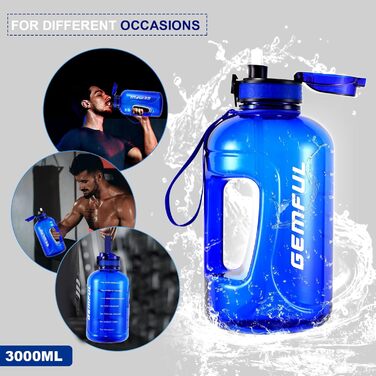 Пляшка спортивна GEMFUL 3л з міткою часу, соломинкою та ручкою, BPA-free, не протікає, для фітнесу, тренувань та активного зволоження (Королівський синій)