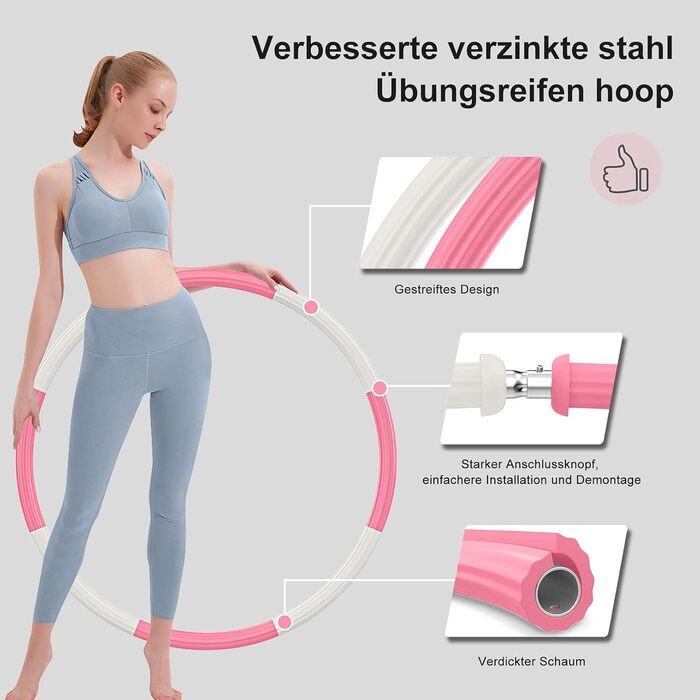 Обруч для фітнесу BLAIKOYI Hula Hoop для дорослих, 8 секцій, регульована вага 1,2-3,5 кг, сталевий сердечник, для схуднення, біло-рожевий