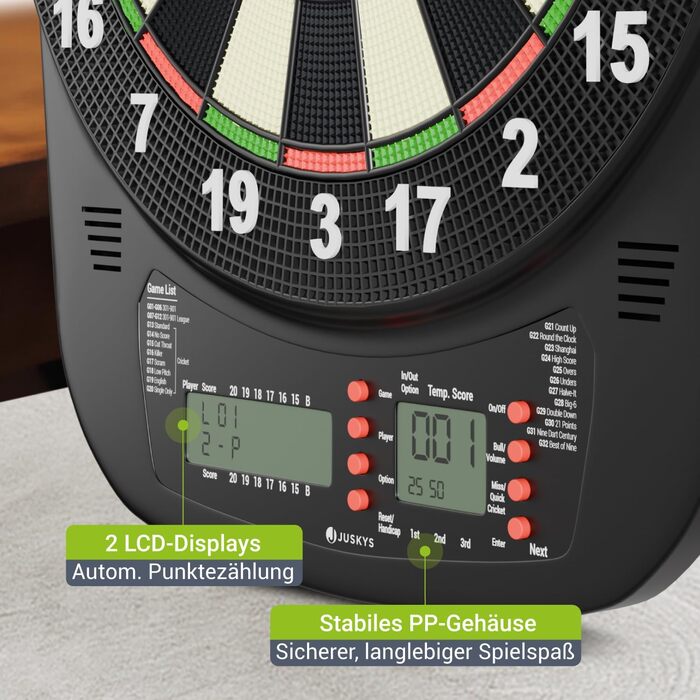 Електронний дартс Juskys з 32 іграми, LCD-дисплеєм, USB-C, стрілки та аксесуари, до 8 гравців, живлення від мережі та батарей