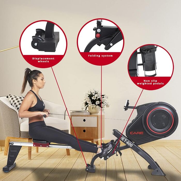 Гребний тренажер Care Fitness Jet 600-2 Care Connect, складаний, чорний, універсальний розмір