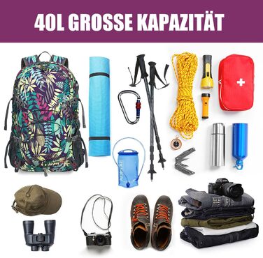 Ультралегкий водонепроникний рюкзак BECOJADDE 40 л для чоловіків та жінок, складаний туристичний рюкзак з відділенням для вологих речей, для походів, подорожей, велоспорту та скелелазіння
