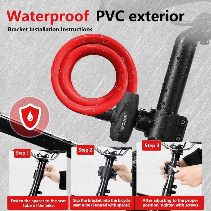 Замок для велосипеда 120см/12мм, високий рівень безпеки, кабельне spiralkabelschloss, 2 ключі, захист від крадіжки для велосипеда, триколісного велосипеда, мотоцикла, скутера (червоний)