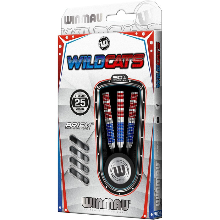 Дротики WINMAU Wildcats 90% вольфрамові 25 г з оперенням і стрижнями, призматична технологія, зважені для матчів