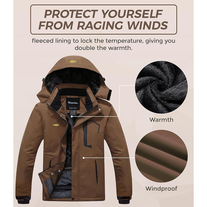 Чоловіча гірськолижна куртка Wantdo з флісовою підкладкою, водонепроникна та дихаюча, з капюшоном, вітрозахисна. Куртка Outdoor, кави, L