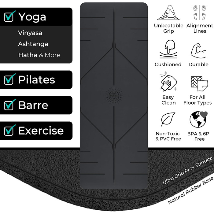 Килимок для йоги Plyopic Ultra-Grip Pro+ – антиковзаюча поверхня, комфортний та стійкий до поту. Лінія вирівнювання. Для йоги, пілатесу, бікраму та хот-йоги
